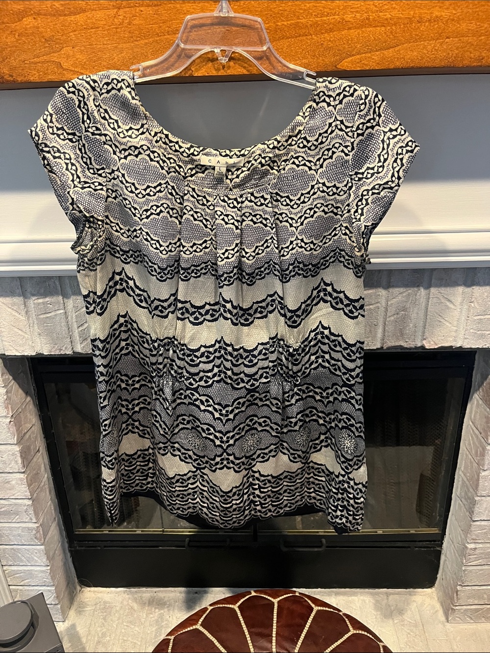 CAbi Black and White Patterned Short Sleeve Blouse